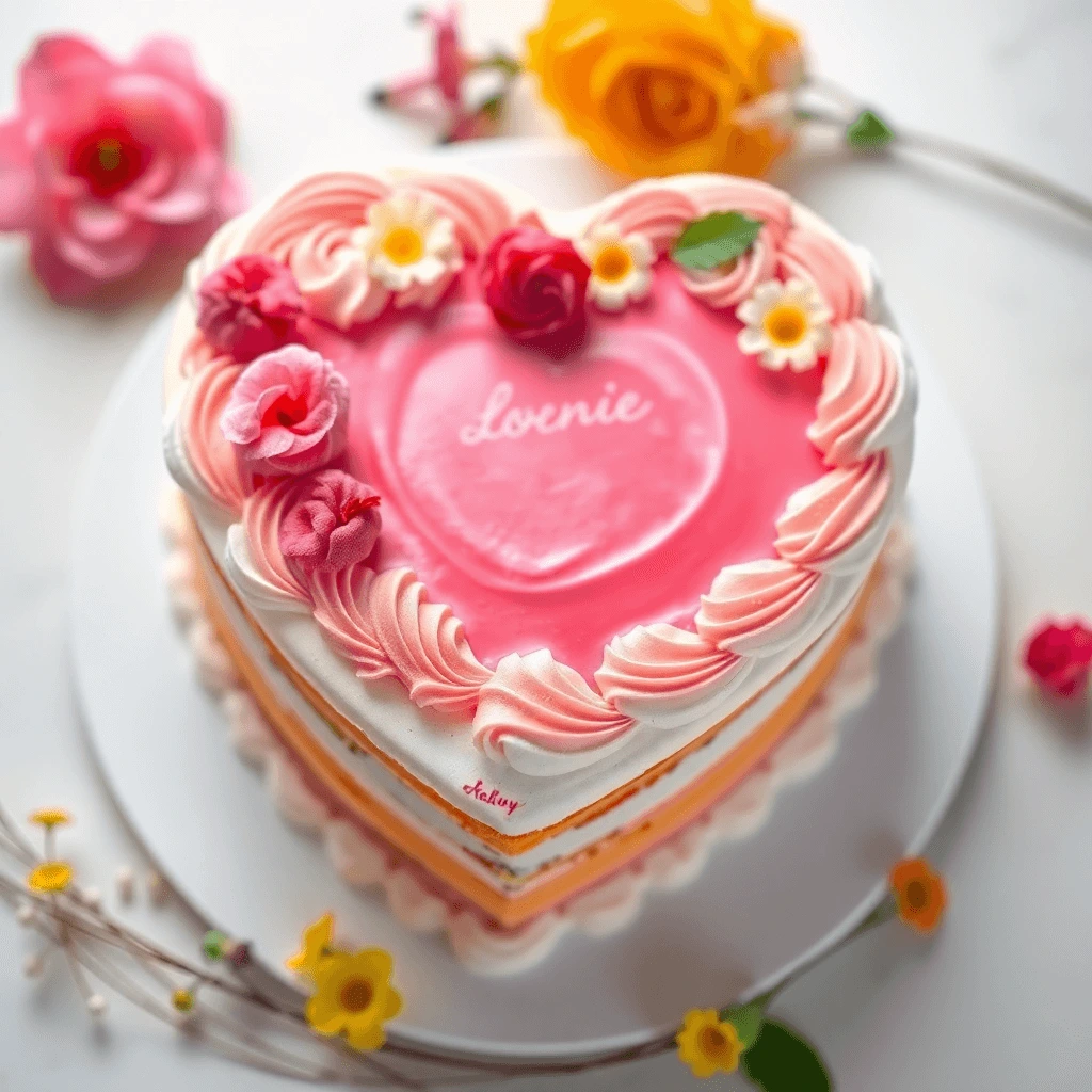 Heart-shaped cake decorated with buttercream frosting, fresh strawberries, and edible flowers, perfect for celebrations like Valentine's Day or anniversaries.