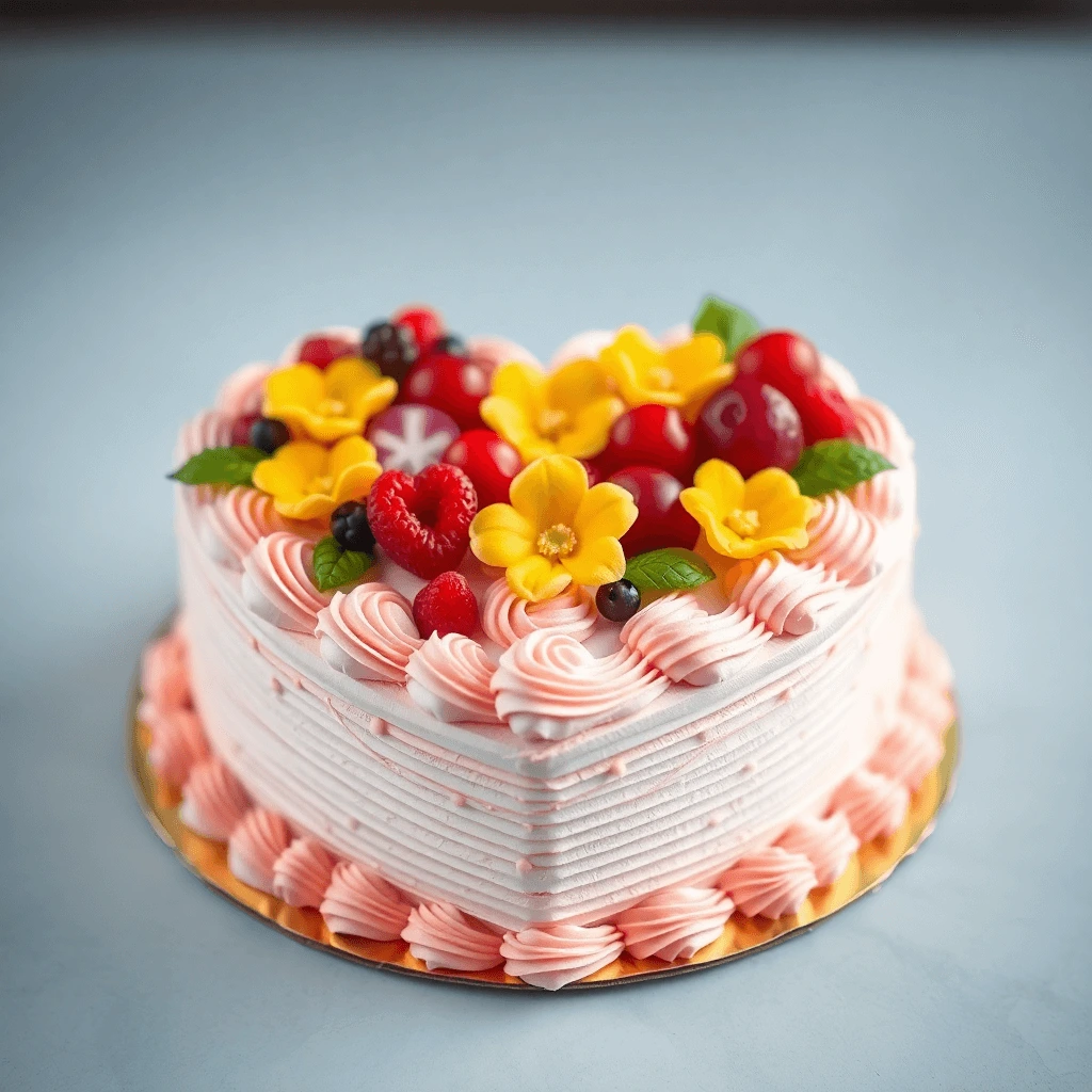 Heart-shaped cake decorated with buttercream frosting, fresh strawberries, and edible flowers, perfect for celebrations like Valentine's Day or anniversaries.