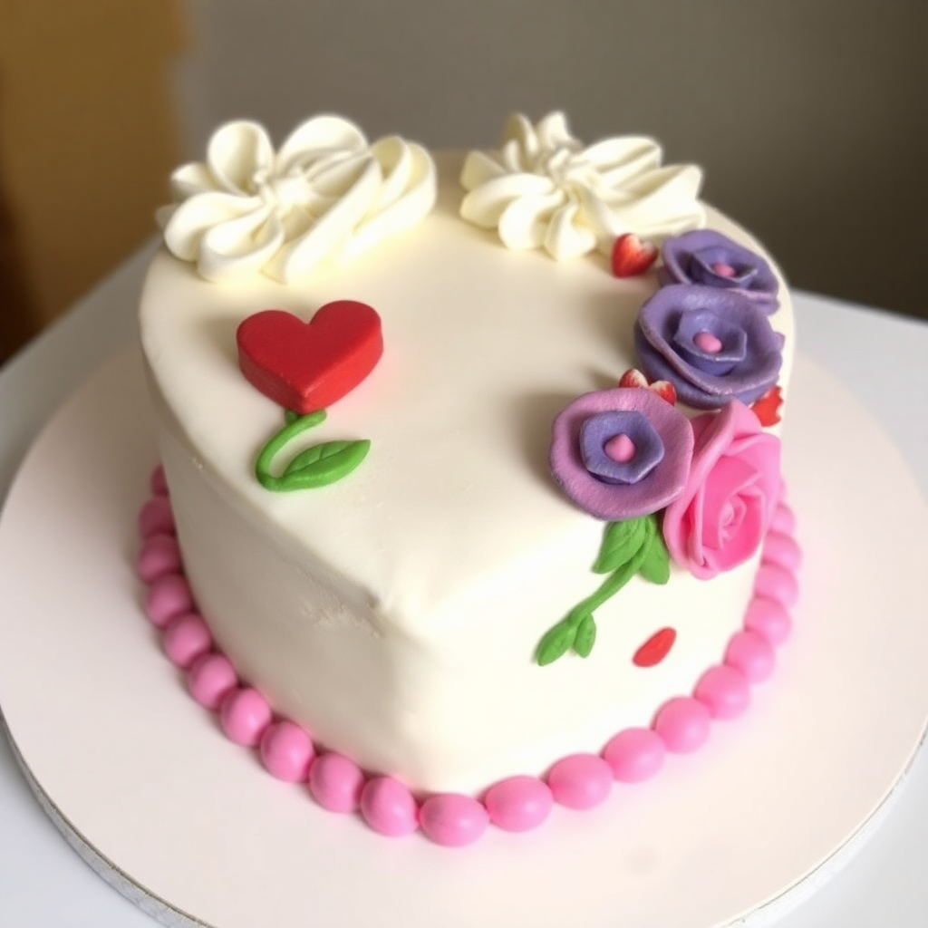 Delicious heart-shaped cake decorated with buttercream roses and sprinkles