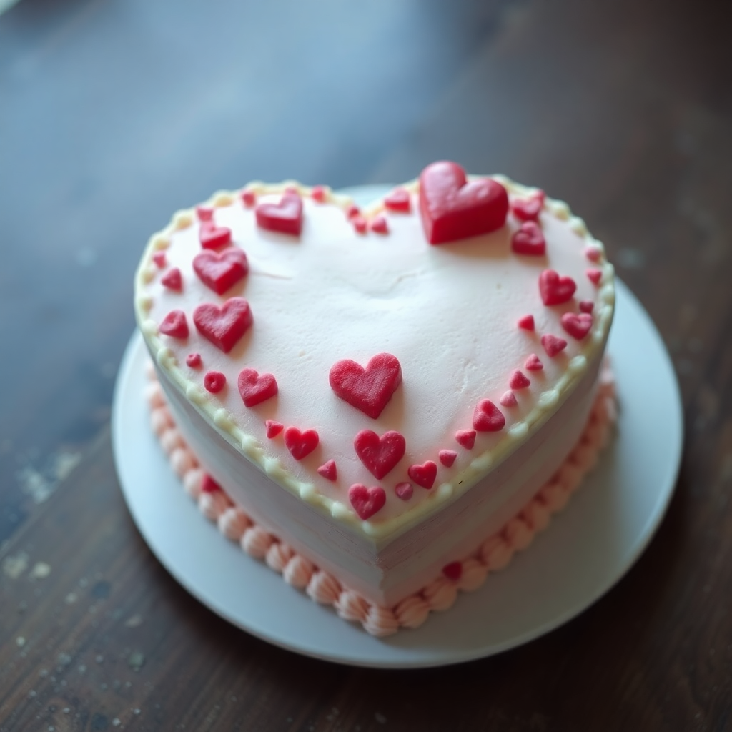 Delicious heart-shaped cake decorated with buttercream roses and sprinkles