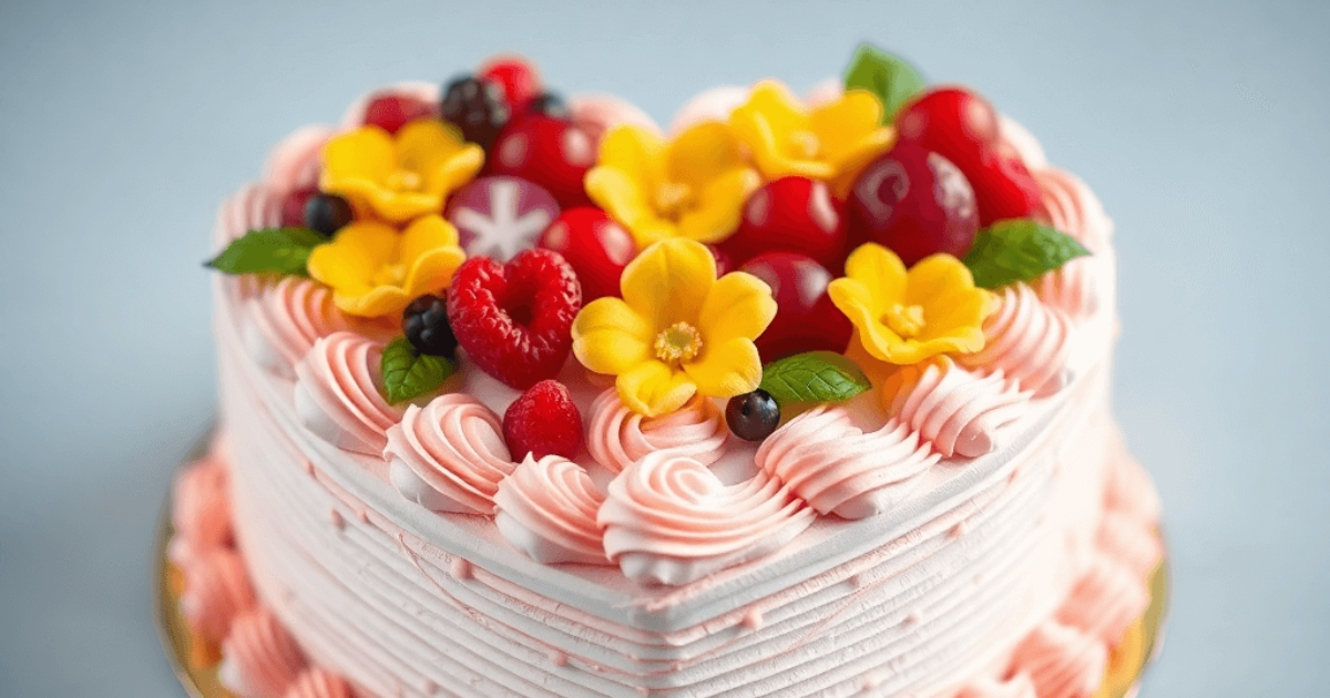Heart shaped cake decorated with buttercream frosting, fresh strawberries, and edible flowers, perfect for celebrations like Valentine's Day or anniversaries.