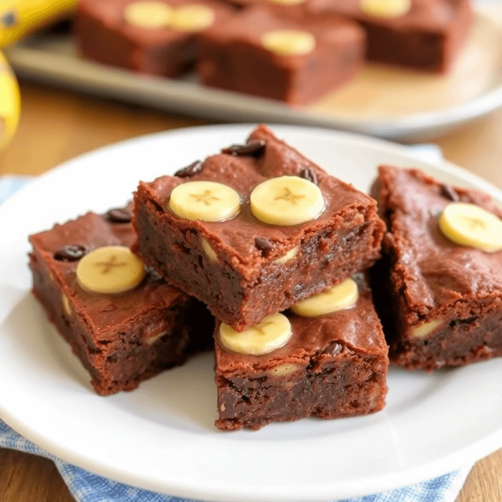 A plate of moist banana brownies, topped with chocolate chips and sliced bananas, served as a sweet, indulgent dessert.