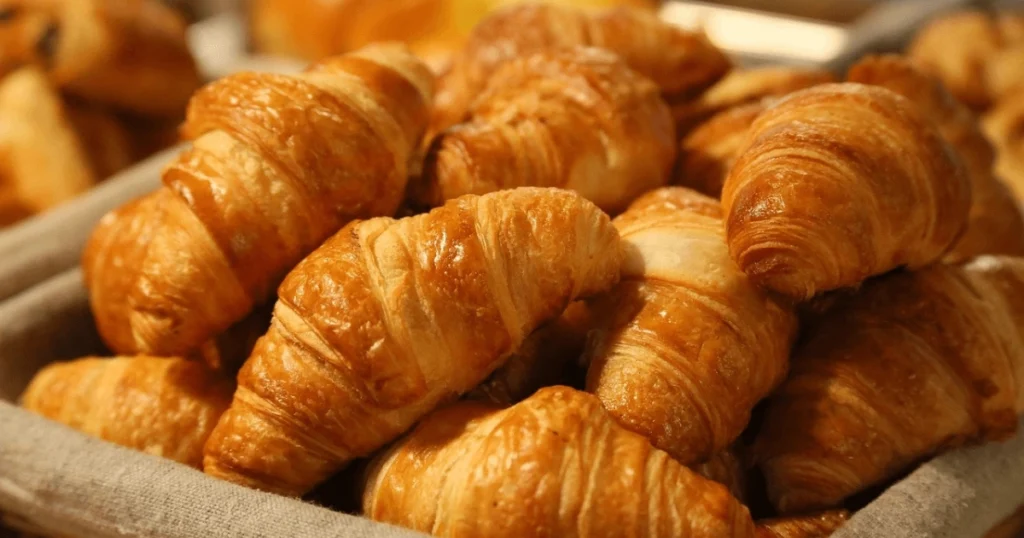 Golden, flaky Gipfeli pastries on a plate, freshly baked with buttery layers, perfect for breakfast or brunch.