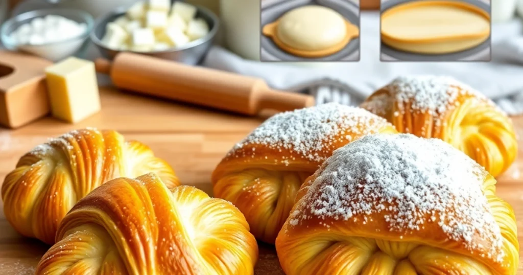 Golden, flaky Gipfeli pastries on a plate, freshly baked with buttery layers, perfect for breakfast or brunch.