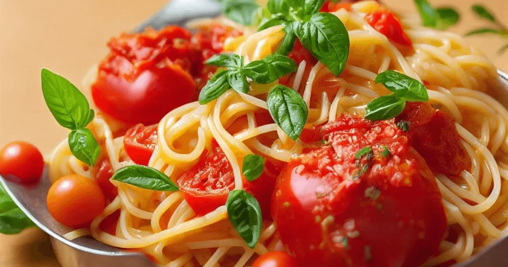 A Plate of Mafaldine Pasta with Rich Tomato Sauce and Fresh Basil