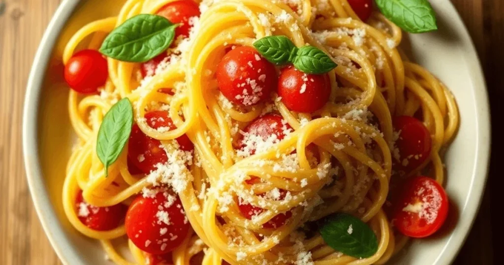 A Plate of Mafaldine Pasta with Rich Tomato Sauce and Fresh Basil