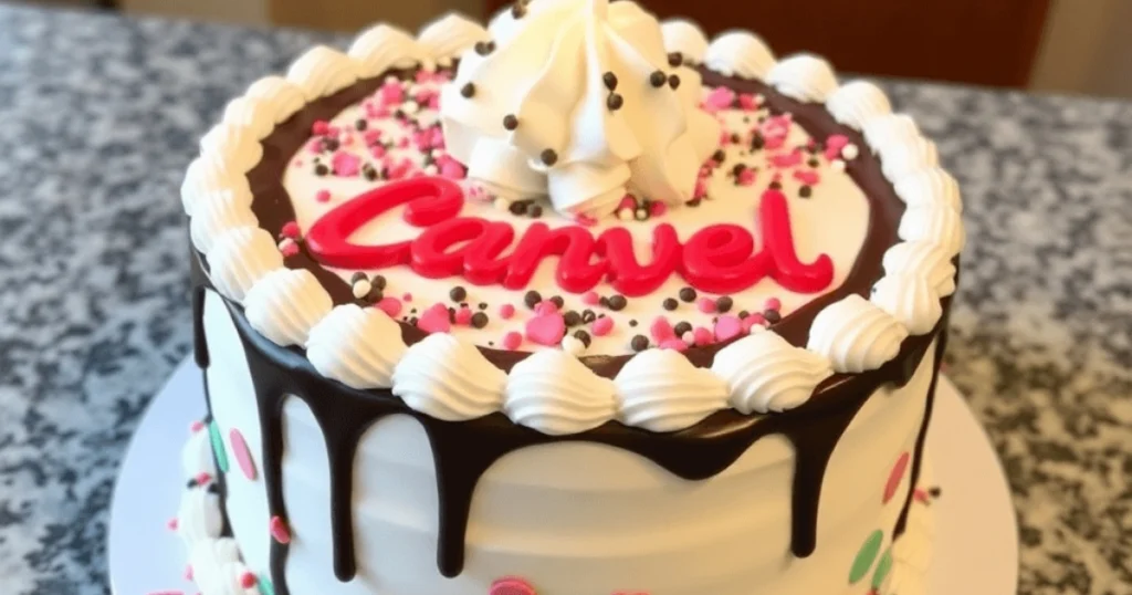 A signature Carvel Ice Cream Cake featuring layers of vanilla and chocolate ice cream, rich fudge, and crunchy chocolate cookie crumbs, topped with whipped frosting.
