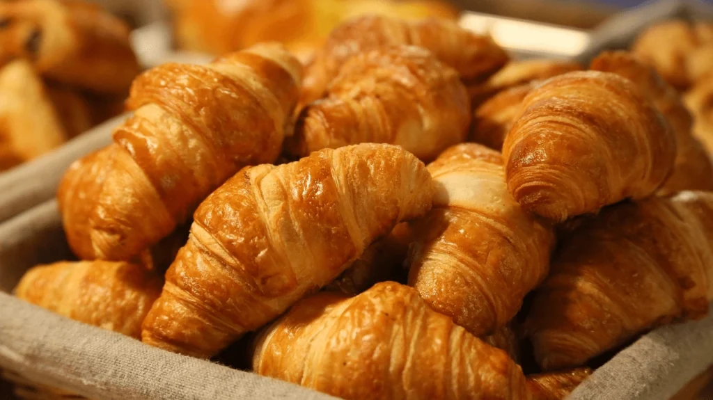 Freshly baked homemade croissants with golden, flaky layers, perfect for breakfast or brunch