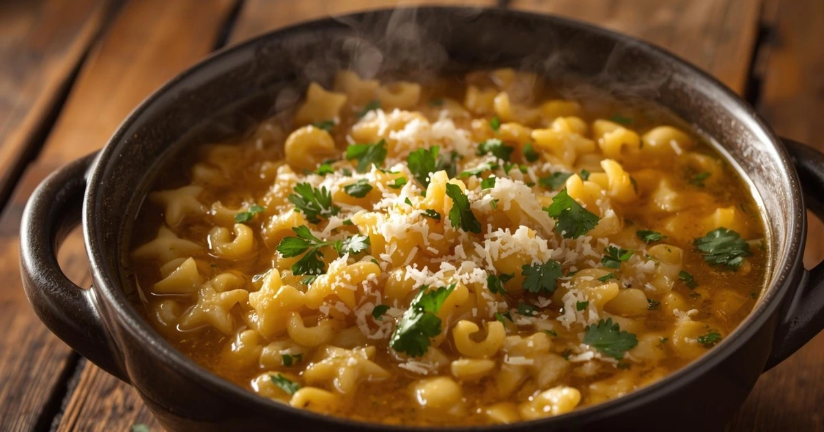 A steaming bowl of Italian pastina soup with star-shaped pasta in golden chicken broth, garnished with parsley and parmesan, served on a rustic wooden table