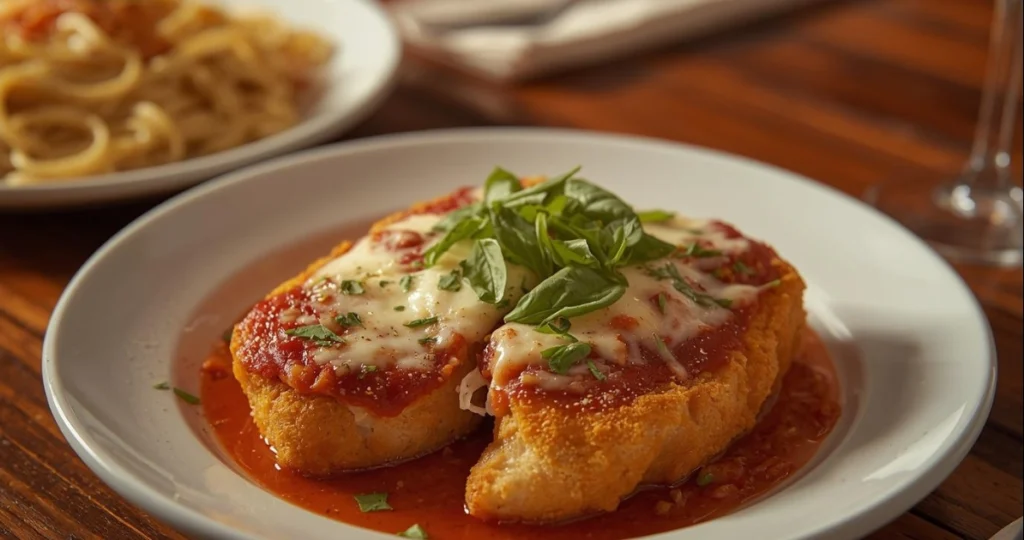 Veal meat dinner ideas plated with mozzarella, tomato sauce, and fresh herbs
