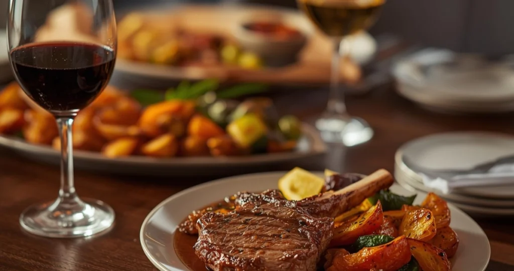 Family-style dinner table with grilled veal chops, roasted potatoes, vegetables, and two glasses of wine for a cozy meal.