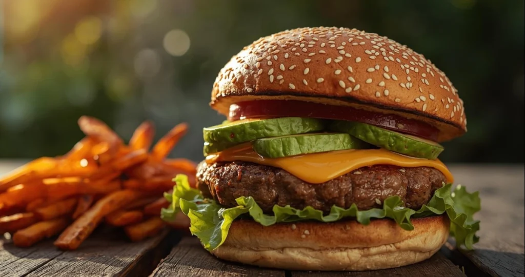 Juicy grilled veal burger with avocado slices, lettuce, and artisan bun, served with sweet potato fries in an outdoor picnic setting.