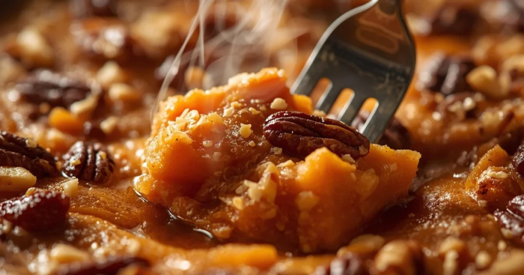 Fork taking the first bite of Ruth’s Chris sweet potato casserole.