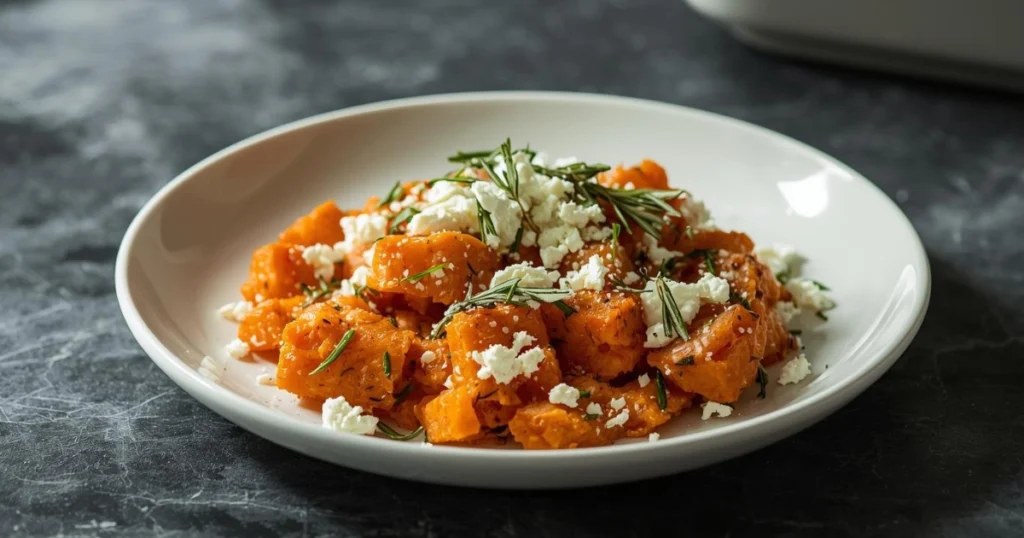 Savory sweet potato casserole with goat cheese and rosemary.