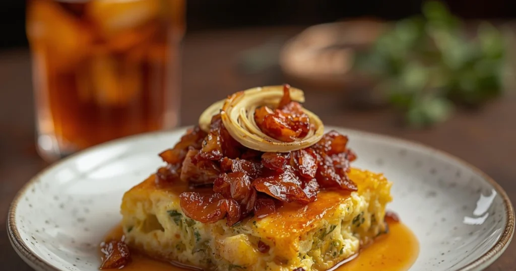 Fusion-style sweet potato casserole with bacon and caramelized onions.