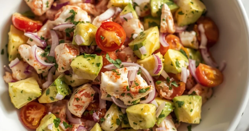 Fresh crab meat salad with creamy avocado, cherry tomatoes, red onions, and lemon dressing, served in a white bowl.
