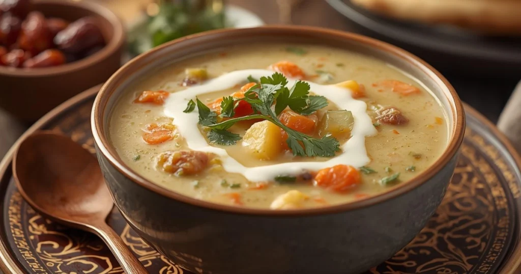 Warm bowl of creamy vegetable soup garnished with fresh parsley, ready to serve for a comforting iftar meal.”