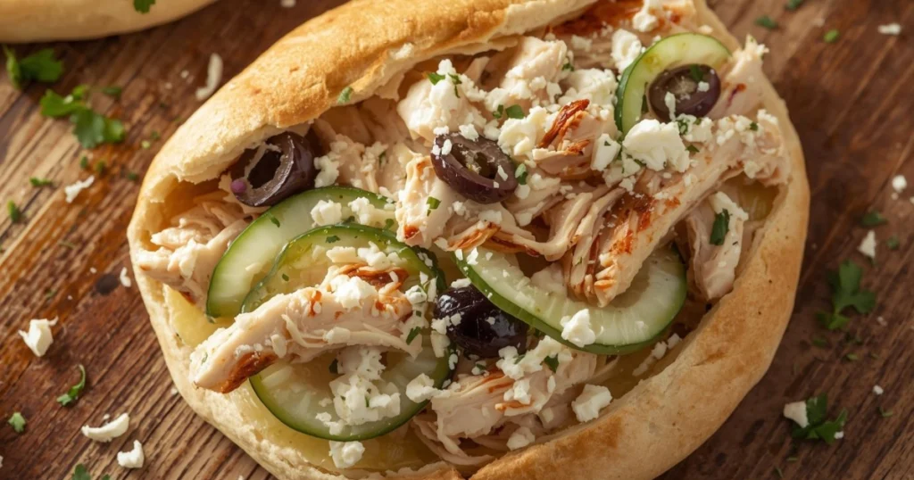 “Mediterranean turkey pita with hummus, cucumber, feta, and olives.”