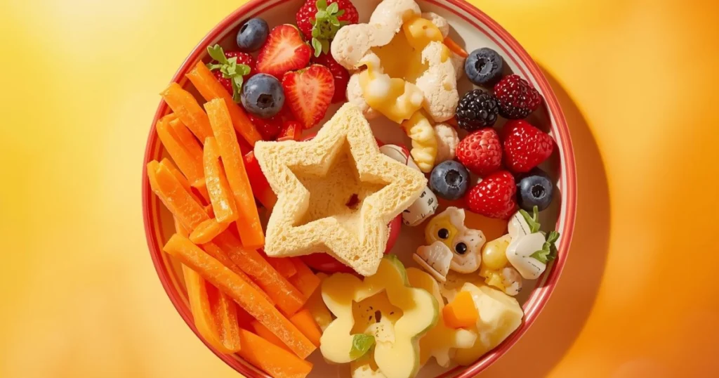 “Kid-friendly turkey and cheese sandwich cut into fun shapes, served with carrot sticks and fruit.”
