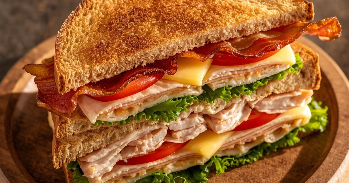“Triple-decker turkey club sandwich with bacon, lettuce, tomato, and Swiss cheese on toasted bread.”