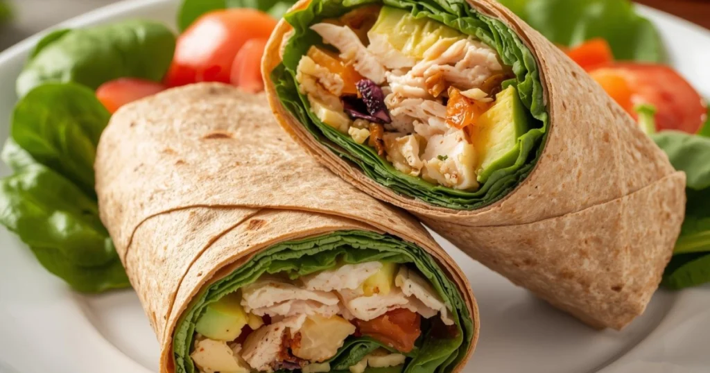 “Whole wheat turkey and avocado wrap with spinach, rolled for a healthy lunch.”