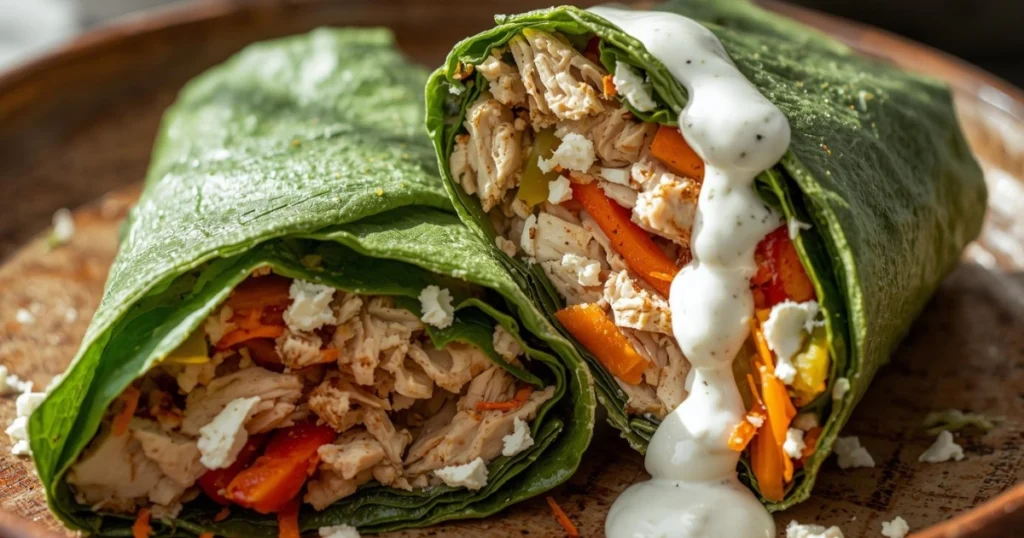 Spinach tortilla wrap with turkey, roasted vegetables, feta cheese, and Greek yogurt sauce