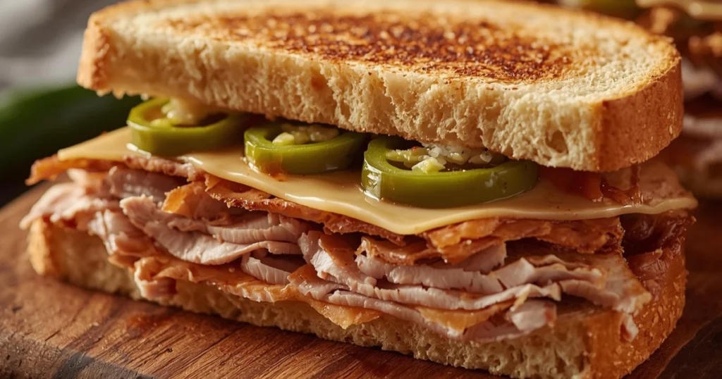 Smoked turkey sandwich with chipotle mayo, jalapeños, and pepper jack cheese on toasted sourdough.”