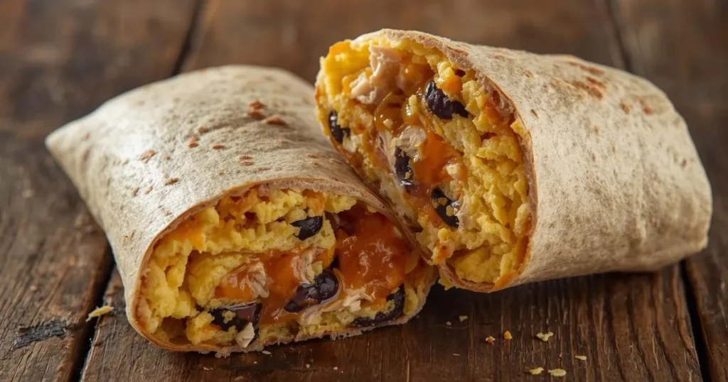 Chicken breakfast burrito with eggs, beans, and cheese
