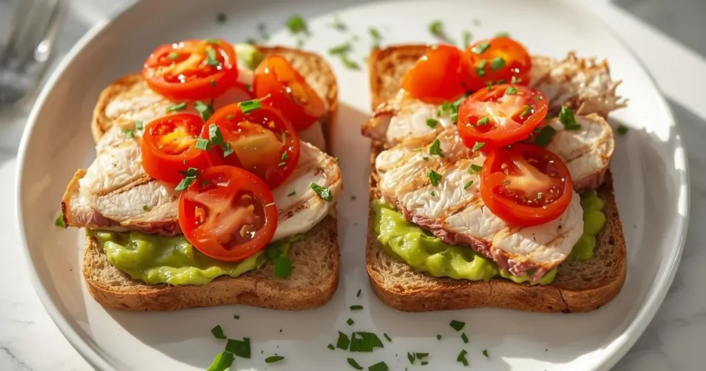 Chicken avocado toast on whole-grain bread with cherry tomatoes
