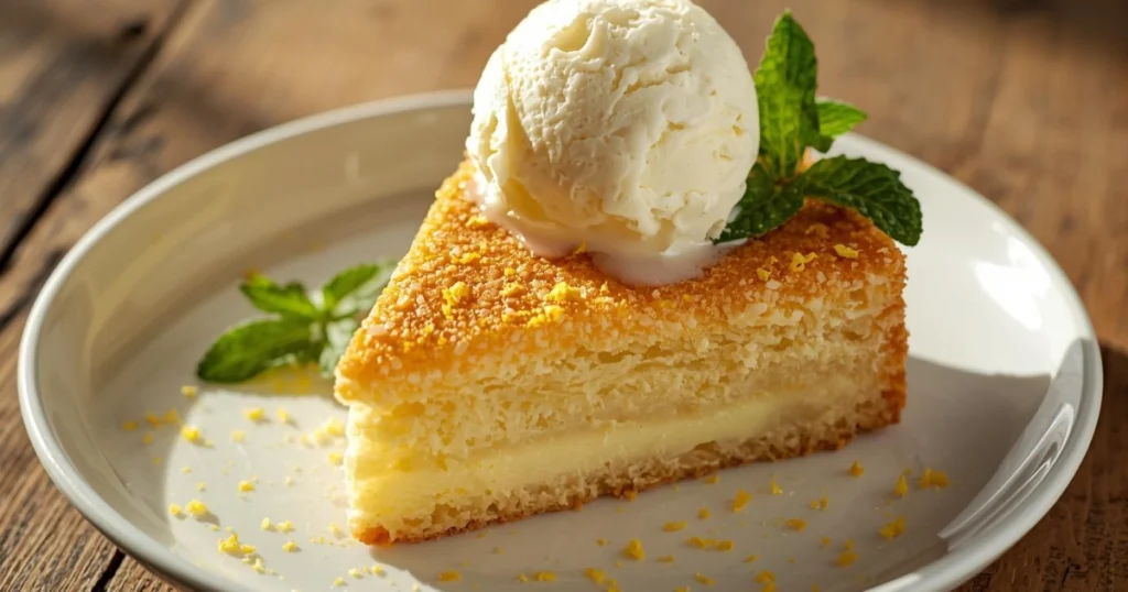 Warm slice of lemon cream cheese dump cake on a plate with vanilla ice cream and mint
