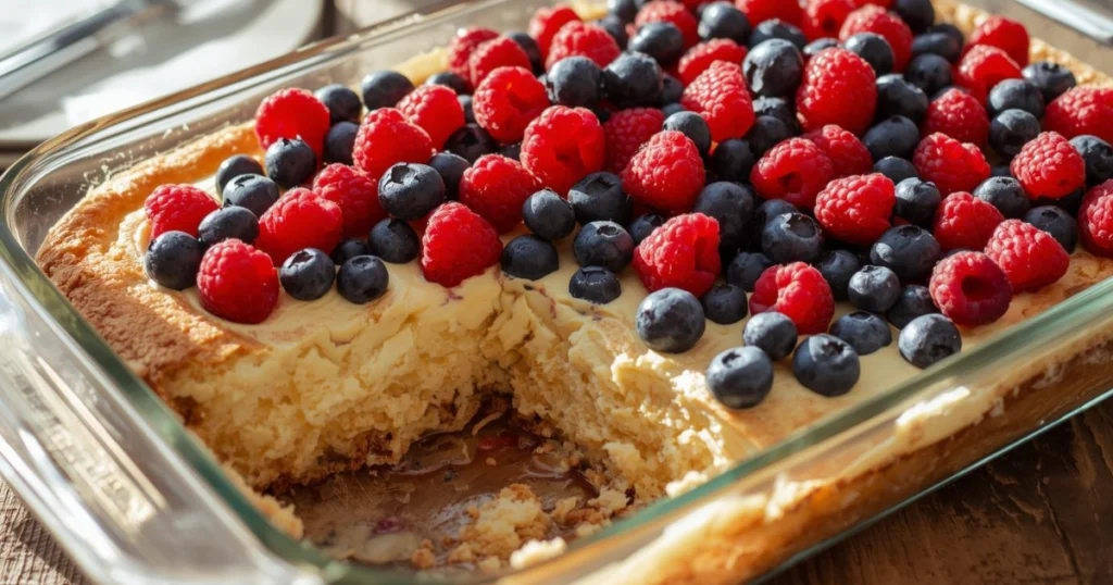 Lemon cream cheese dump cake topped with fresh blueberries and raspberries