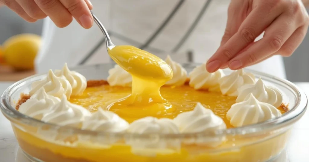 Spoon spreading lemon pie filling and cream cheese into a greased baking dish