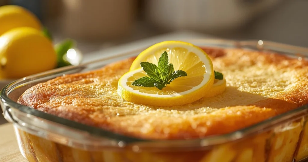 Golden lemon cream cheese dump cake in a glass baking dish with lemon slices and mint leaves