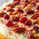 Lemon cream cheese dump cake decorated with cranberries, pecans, and sprinkles