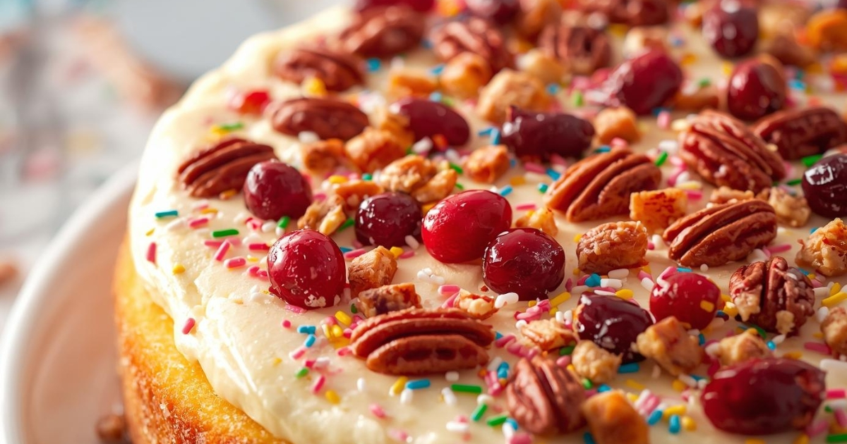 Lemon cream cheese dump cake decorated with cranberries, pecans, and sprinkles