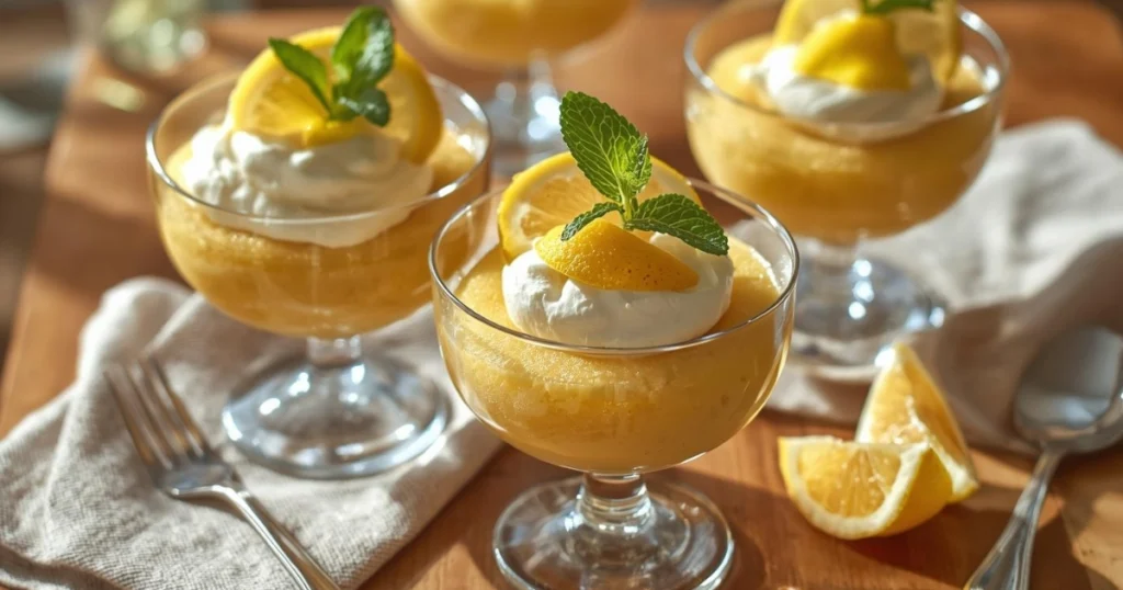 Individual portions of lemon cream cheese dump cake in glass cups with whipped cream and mint