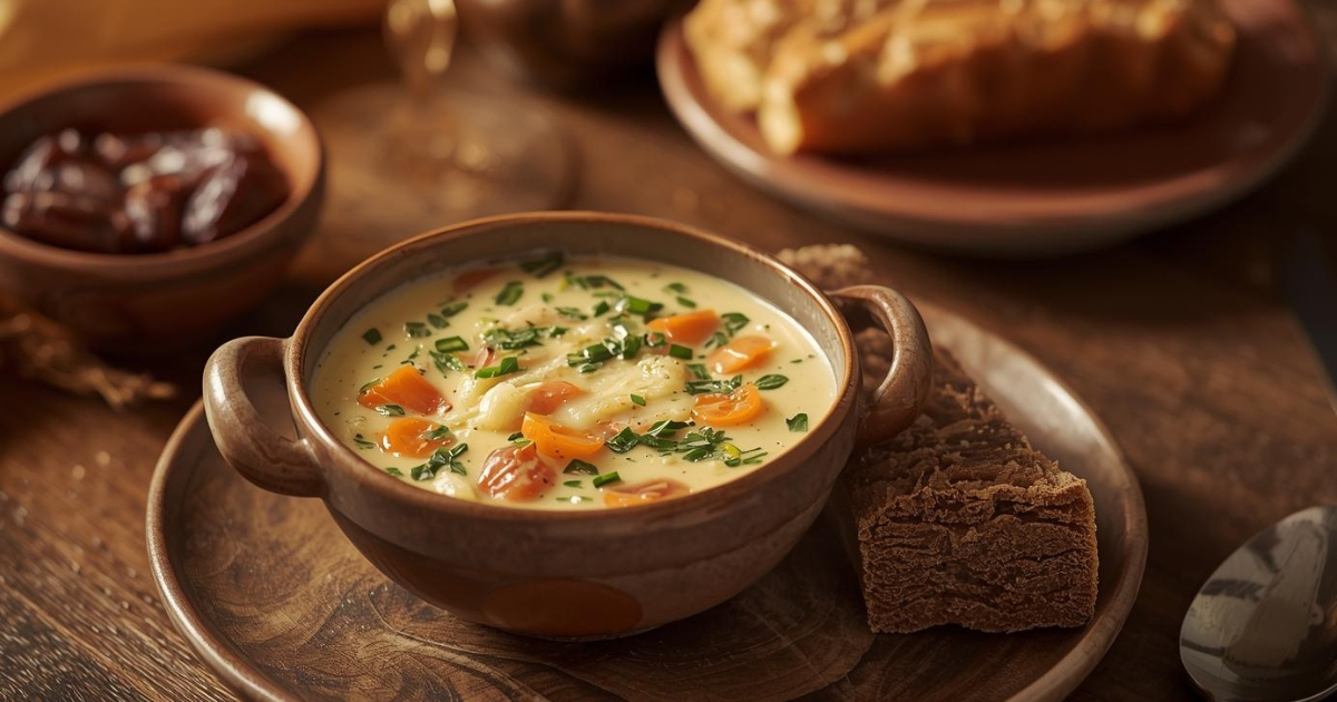 Iftar setup with creamy vegetable soup, whole-grain bread, and dates on a rustic wooden table, perfect for Ramadan.