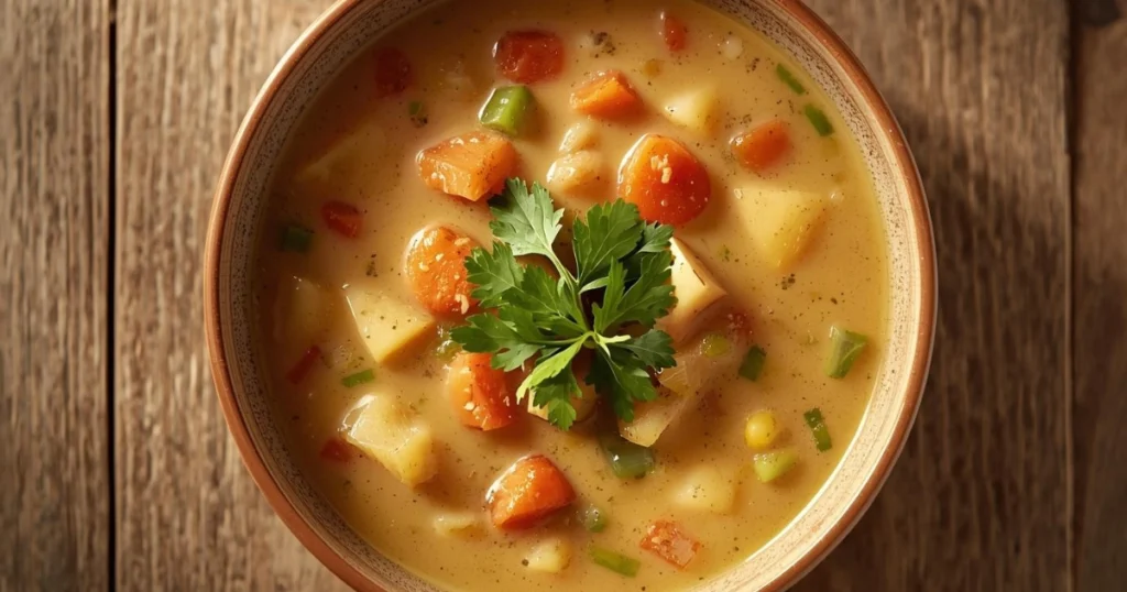 Warm bowl of creamy vegetable soup garnished with fresh parsley, ready to serve for a comforting iftar meal.”