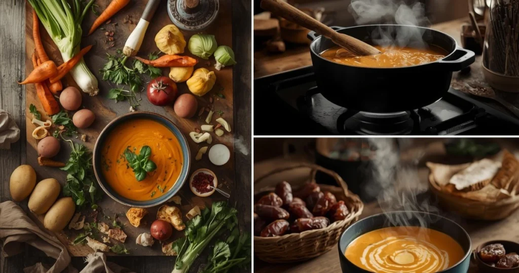 “Iftar setup with creamy vegetable soup, whole-grain bread, and dates on a rustic wooden table, perfect for Ramadan.