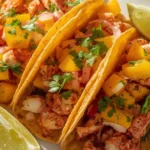 Soft crab tacos filled with sautéed crab meat and topped with colorful mango salsa, served with lime wedges.