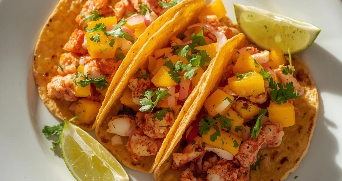 Soft crab tacos filled with sautéed crab meat and topped with colorful mango salsa, served with lime wedges.