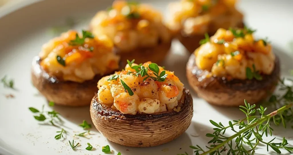 Baked mushroom caps stuffed with seasoned crab meat, golden and crispy, served on a white plate.