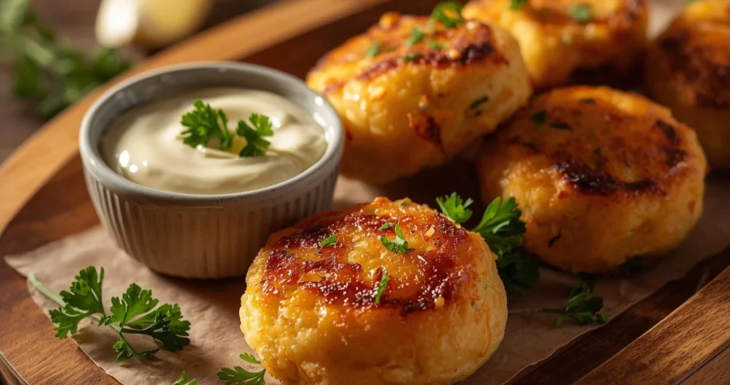 Crispy golden crab cakes served with zesty lemon aioli and parsley garnish on a wooden platter.