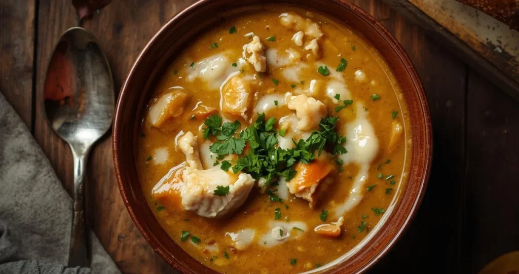 Bowl of creamy crab soup with chunks of crab meat, garnished with fresh parsley and a drizzle of cream.
