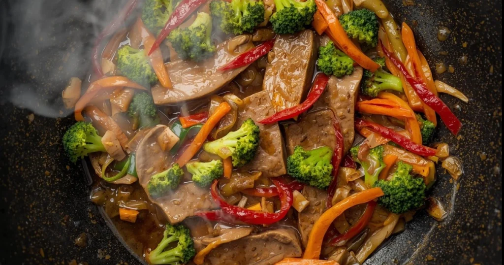 Colorful veal stir fry with broccoli, bell peppers, and carrots sizzling in a wok with soy-ginger sauce and steam rising.