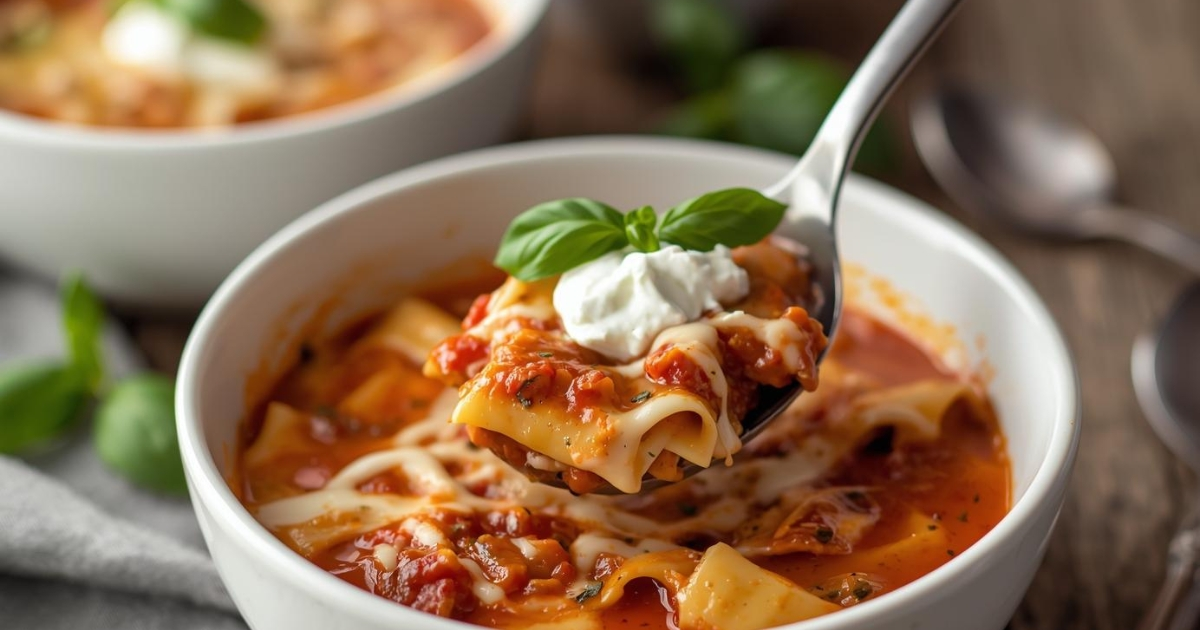 Ladle serving Lasagna Soup Recipe into bowls topped with cheese.