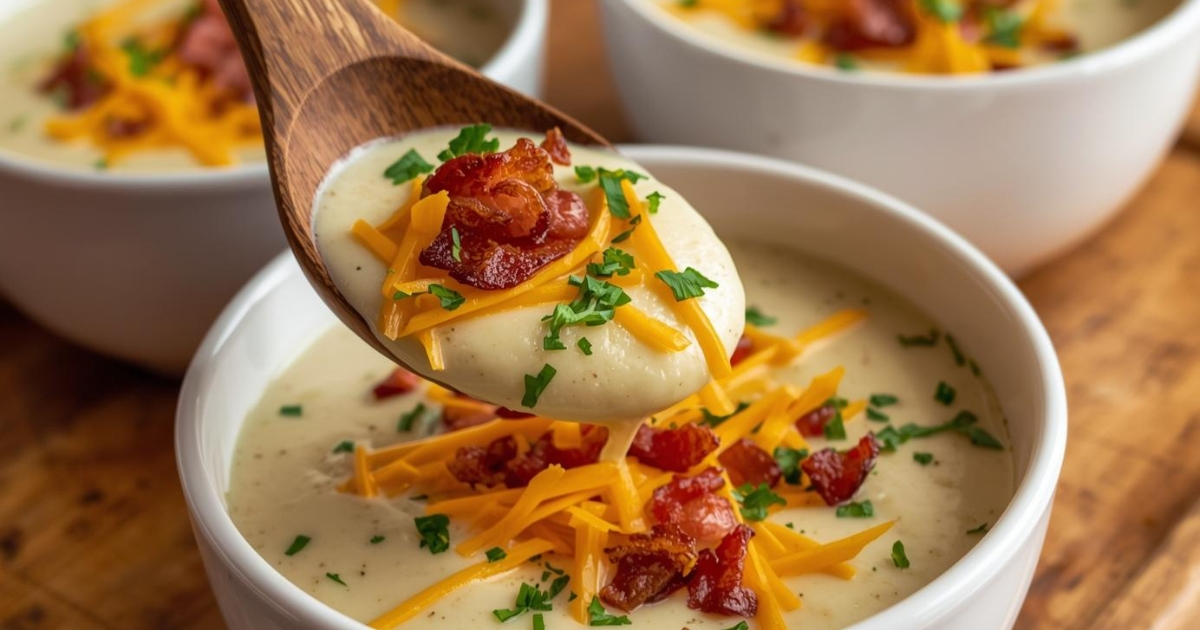 Bowl of Potato Soup Recipes topped with bacon, cheese, and herbs.