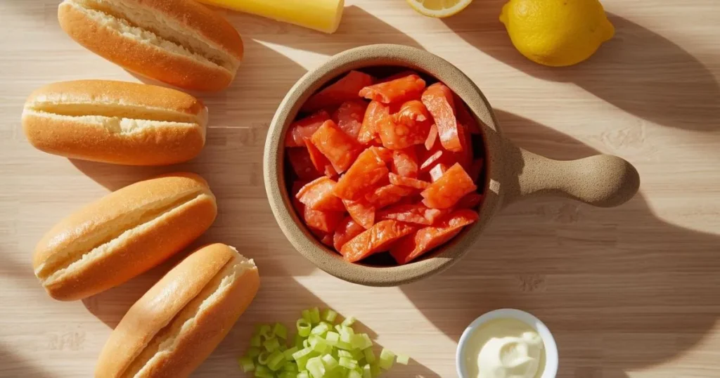 ingredients for lobster roll recipe including lobster meat buns butter mayonnaise celery and lemon