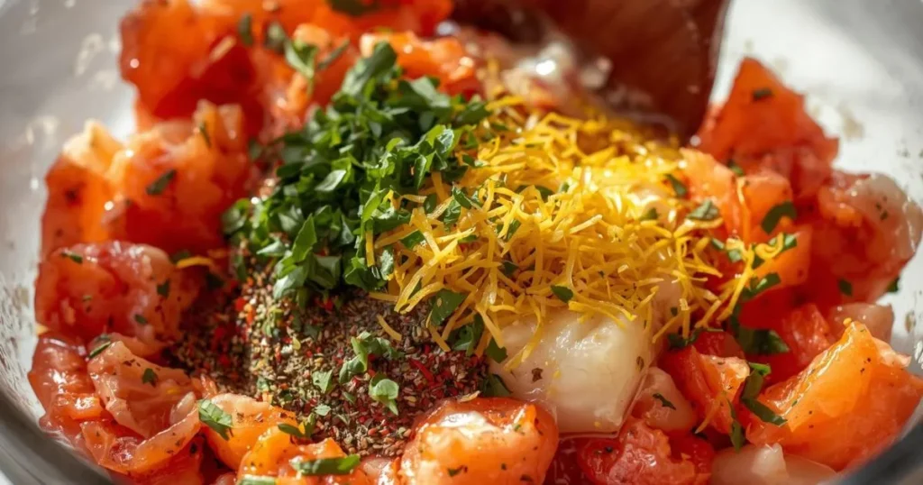 mixing lobster roll filling with lobster meat mayonnaise celery and lemon juice