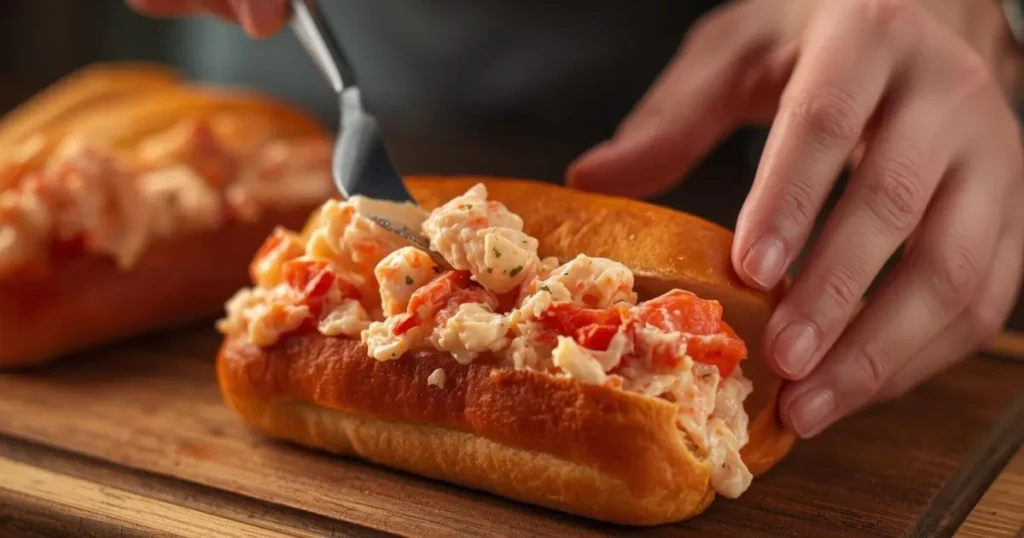 assembling lobster roll recipe with lobster filling in toasted buns
